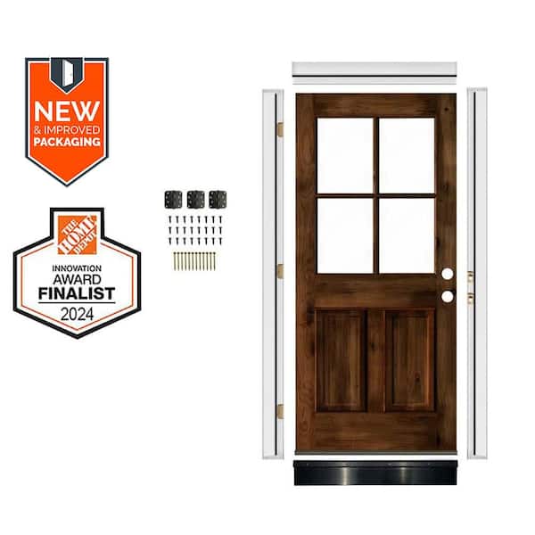 DIY 32in.x80in. Left-Handed 4-Lite Clear Glass Provincial Stain Knotty Alder Wood Front Door Kit w/ Quick Assemble Jamb