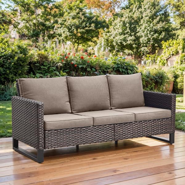 moosprr U-Shaped Foot 3-Seat Brown Wicker Outdoor Patio Couch with Gray Cushions