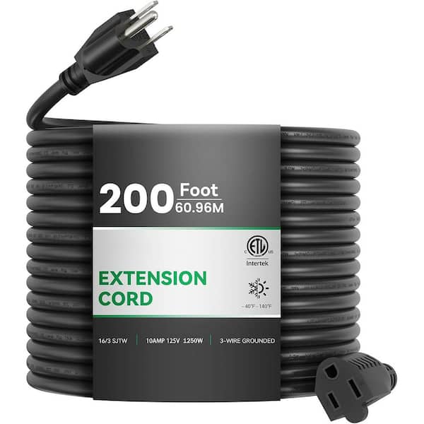 200 ft. 16/3 Heavy Duty Outdoor Extension Cord Black Waterproof 10A 1250W 3 Prong Flexible ETL Listed