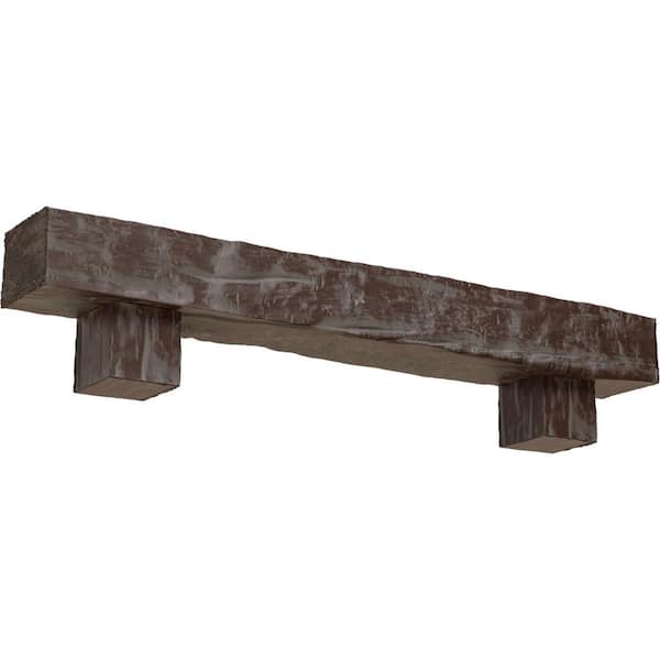 Ekena Millwork 4 in. x 4 in. x 7 ft. Riverwood Faux Wood Fireplace Mantel Kit, Alamo Corbels, Aged Pecan