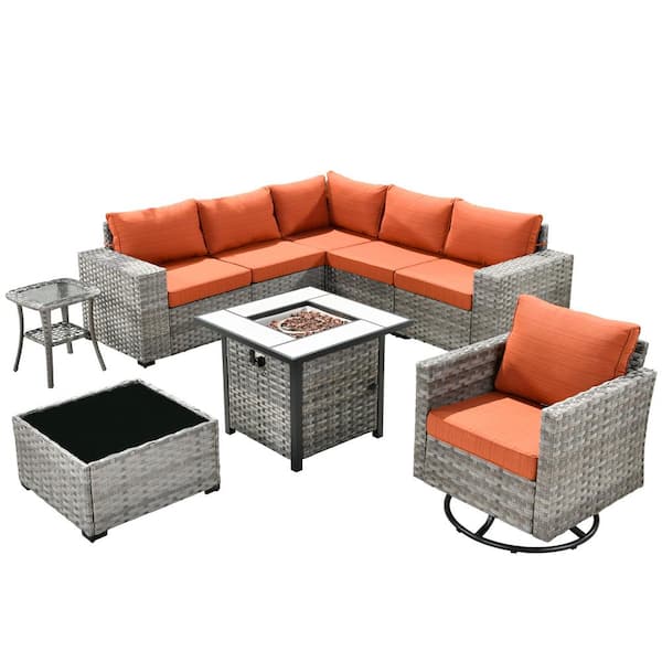 XIZZI Metis 9-Piece Wicker Outdoor Patio Fire Pit Sectional Sofa Set and with Orange Red Cushions and Swivel Rocking Chairs