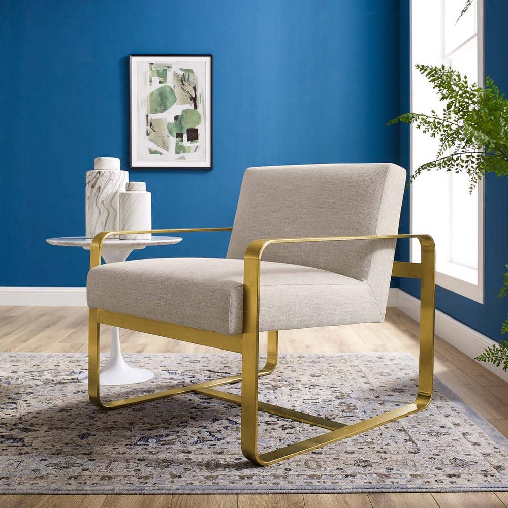 Beige Velvet and Gold Metal Accent Chair