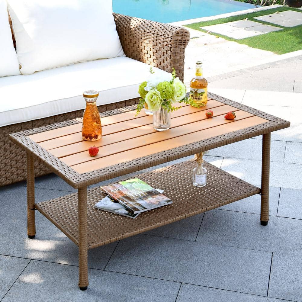 DEXTRUS Brown Rectangular Wicker Outdoor Patio Coffee Table with
