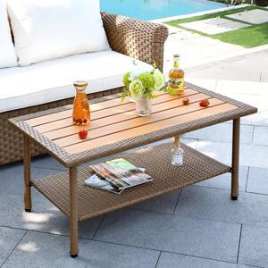 Brown Rectangular Wicker Outdoor Patio Coffee Table with Plastic Table Top