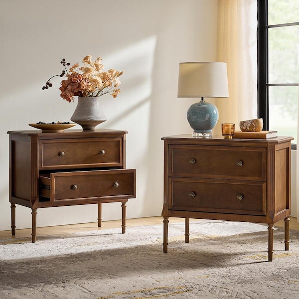 Cleo Walnut 2-Drawer 28 in. W Nightstand with Charging Station (Set of 2)