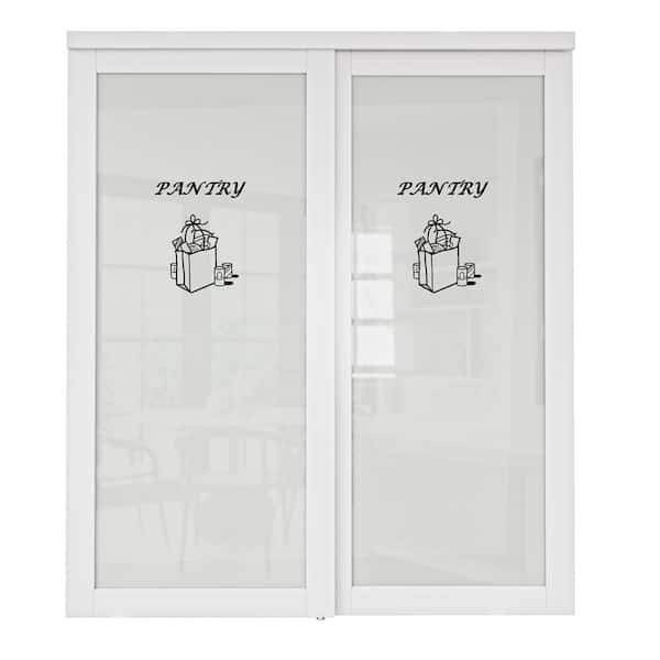 ARK DESIGN 72 in. x 80 in. 1-Lite Tempered Frosted Glass White Finished Solid Core Sliding Door with Pantry Sticker and Hardware