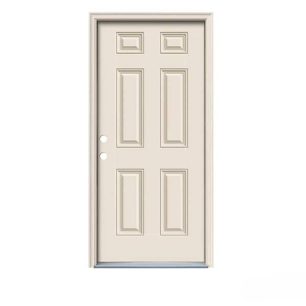 JELD-WEN 34 in. x 80 in. 6-Panel Primed Fiberglass Prehung Right-Hand Inswing Front Door w/Brickmould