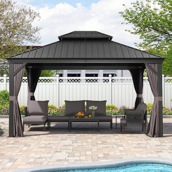 PURPLE LEAF 12 ft. x 14 ft. Luxury Patio Outdoor Gazebo for Backyard Hardtop Aluminum Frame with Netting, Hooks, Upgrade Curtain