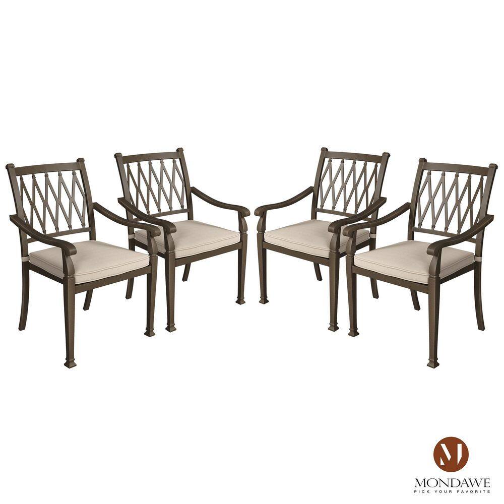 Beige Cushioned Cast Aluminum Outdoor Dining Chairs, Set of 4
