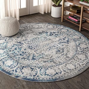 Modern Persian Vintage Medallion Navy /Light Gray 6 ft. 7 in. Round Area Rug