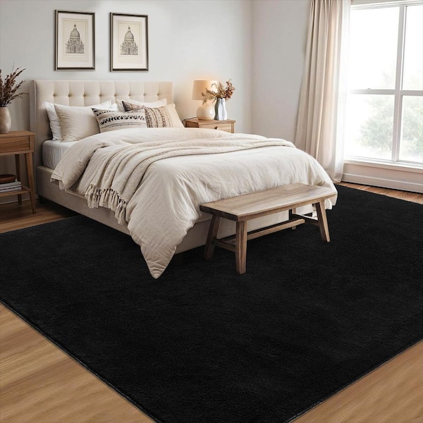 Black 9 ft. x 12 ft. Solid Thick Shag Soft Washable Indoor Carpet for Living Room Hallway Bedroom Area Rug