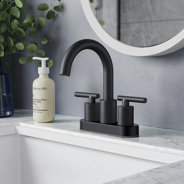 4 in. Center set Double Handle Gooseneck High-Arc Bathroom Faucet with Drain Kit in Matte Black