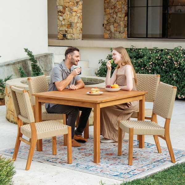 Mabel 5-Piece Premium Indonesia Teak Outdoor Dining Set with Tan Poly Rope with Square Table