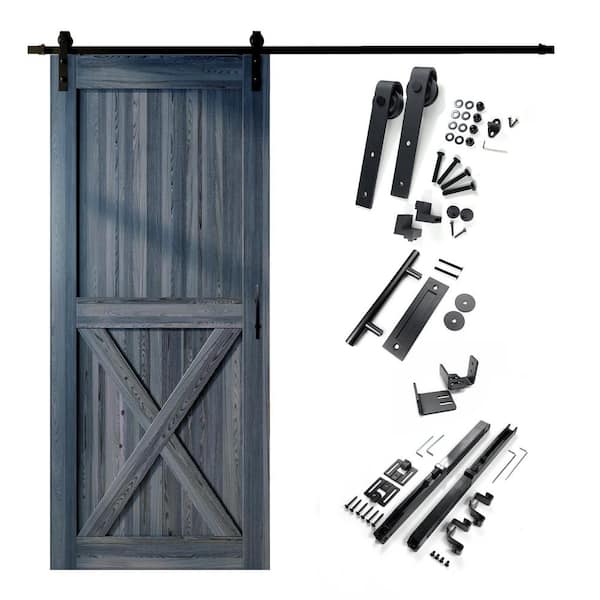 HOMACER 46 in. x 84 in. X-Frame Navy Solid Pine Wood Interior Sliding Barn Door with Hardware Kit, Non-Bypass