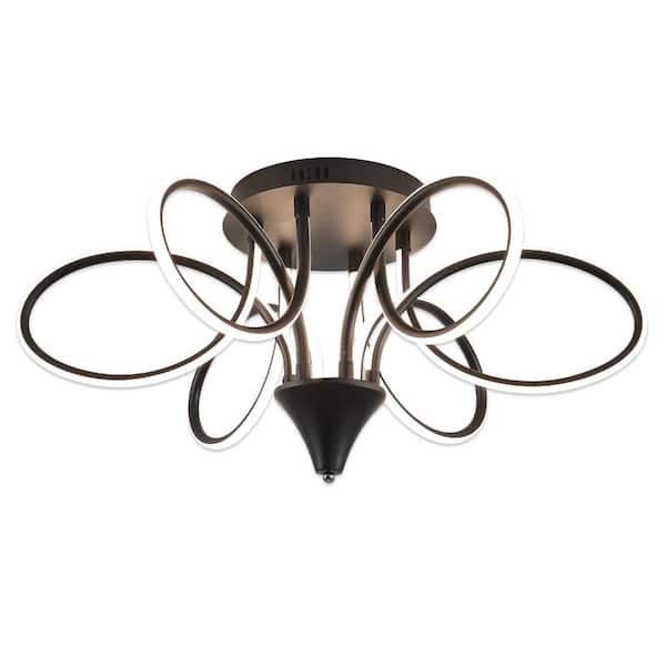 UMEILUCE 30 In. 6-Light Black Integrated LED Dimmable Semi-Flush Mount for Living Room Bedroom, with Remote Control