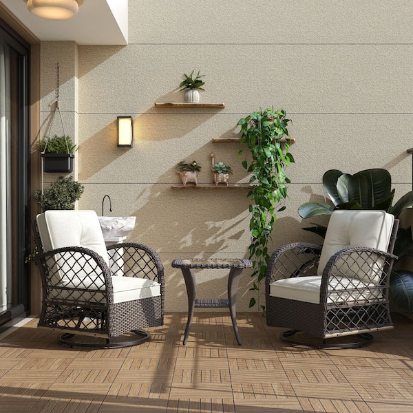 HomeAura Brown 3-Piece Outdoor Wicker Chat Set with Two Swivel Chairs and Beige Cushions