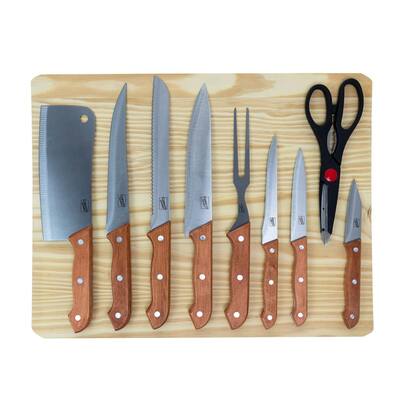 Broadleaf 10-Piece Stainless Steel Knife Set with Pine Wood Cutting Board