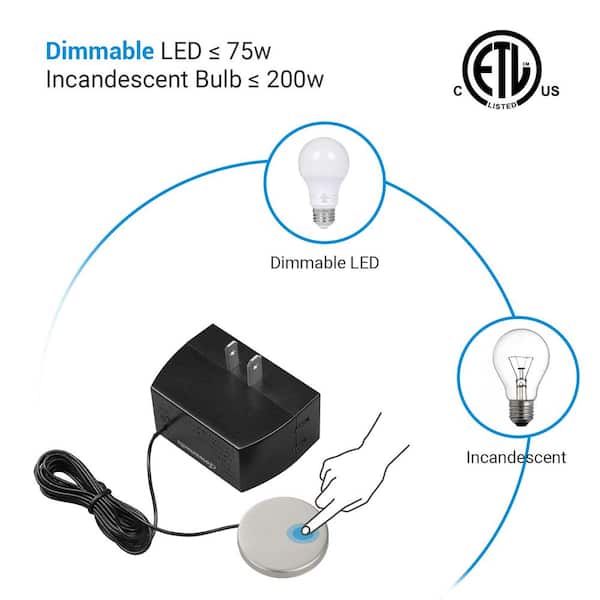 Black 8 ft. Extension Cord Touch Dimmer Switch, Touch Pad Control with 3-Levels of Dimming ETL Listed (2-Pack)