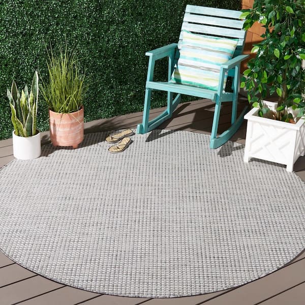 Courtyard Ivory/Dark Gray 7 ft. Round Woven Geometric Indoor/Outdoor Area Rug