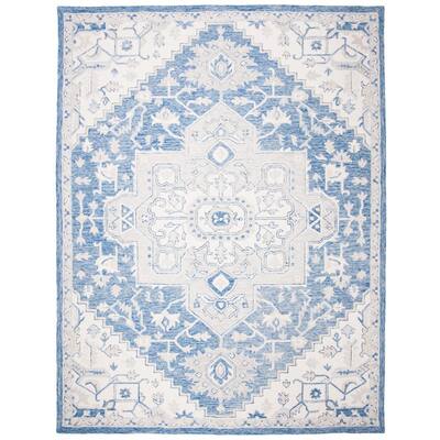 SAFAVIEH Micro-Loop Blue/Ivory 8 ft. x 10 ft. Medallion Floral Border ...