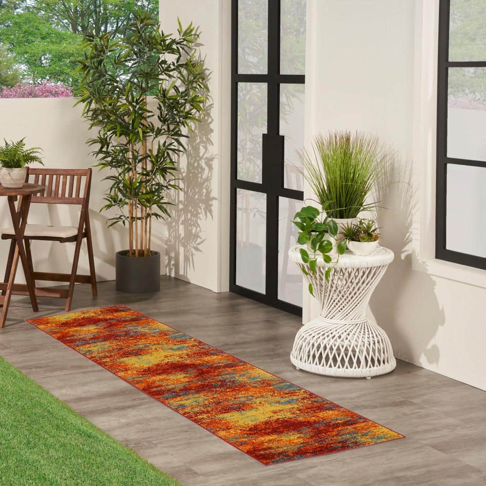 Flame Red and Yellow Synthetic Runner Rug, 2' x 6'