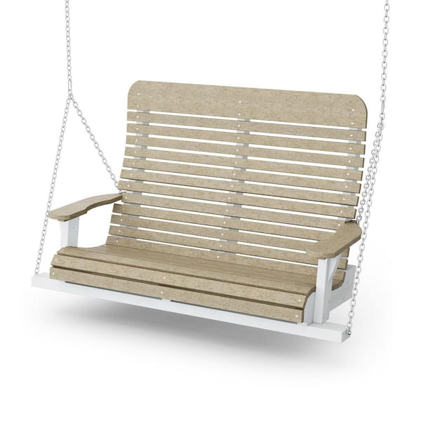 Signature 2-Person Weathered Wood and White Plastic Porch Swing