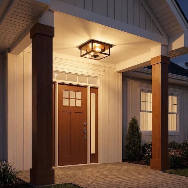 12.25 in. 2-Light Oil Rubbed Bronze Outdoor Flush Mount Ceiling Light with Motion Sensor and Timer Functions