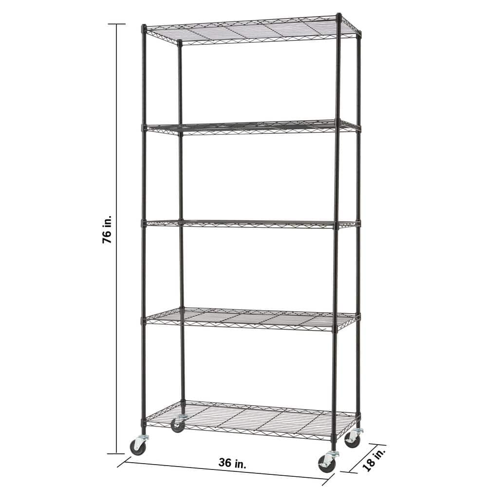 Black 5-Tier Steel Wire Shelving Unit with Wheels, 18"L x 36"W x 76"H