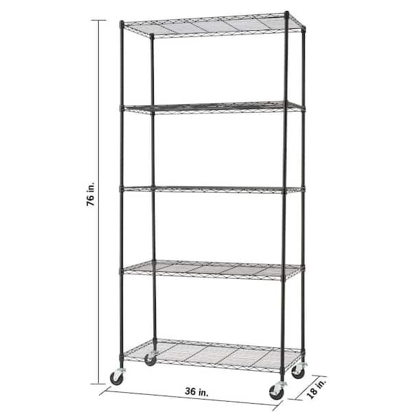 Black 5-Tier Rolling Steel Wire Shelving Unit (36 in. W x 76 in. H x 18 in. D)