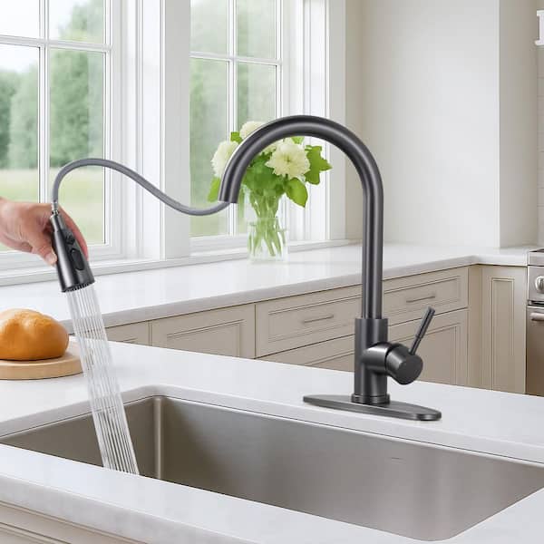 15.3 in. 3-Mode Single Handle Stainless Steel Pull Down Sprayer Kitchen Faucet with Swivel Spout and Deck Plate in Gray