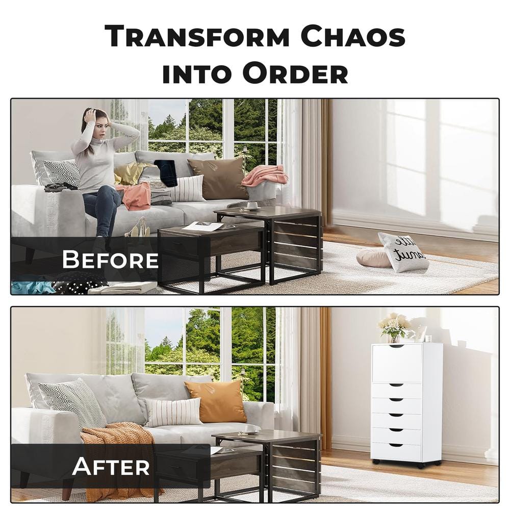 White 6-Drawer Mobile Lateral File Cabinet with Wheels