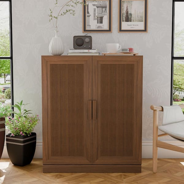 Solid Wood Light Walnut 36 in. H Storage Cabinet with Adjustable Shelves and Rattan Doors
