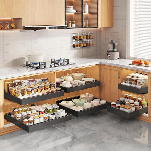 2 Pack Adjustable Pull Out Cabinet Organizer with Raising Pads, 3-Slide Rails and Roll Out Shelves Adhesive, Black