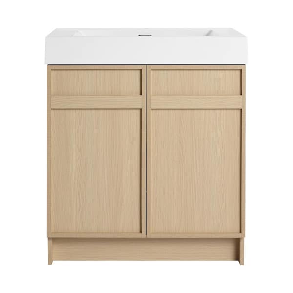 29.5 in. W x 19.7 in. D x 35.1 in. H Freestanding Oak Bath Vanity with White Resin Vanity Top