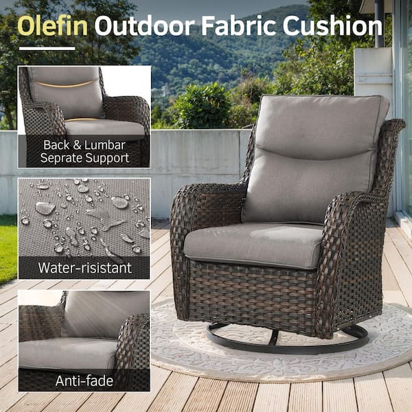Smiley 3-Piece Outdoor Swivel Glider Brown Wicker Patio Conversation Set with Olefin 5 in. Thick Gray Cushions