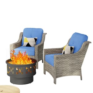 Iris 3-Piece Wicker Outdoor Patio Conversation Sofa Seating Set with a Wood-Burning Fire Pit and Bule Cushions