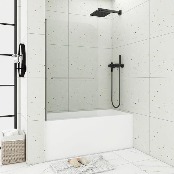 Unbranded 34 in. W x 58 in. H Pivot Semi Frameless Tub Door in Chrome with Clear Tempered Glass