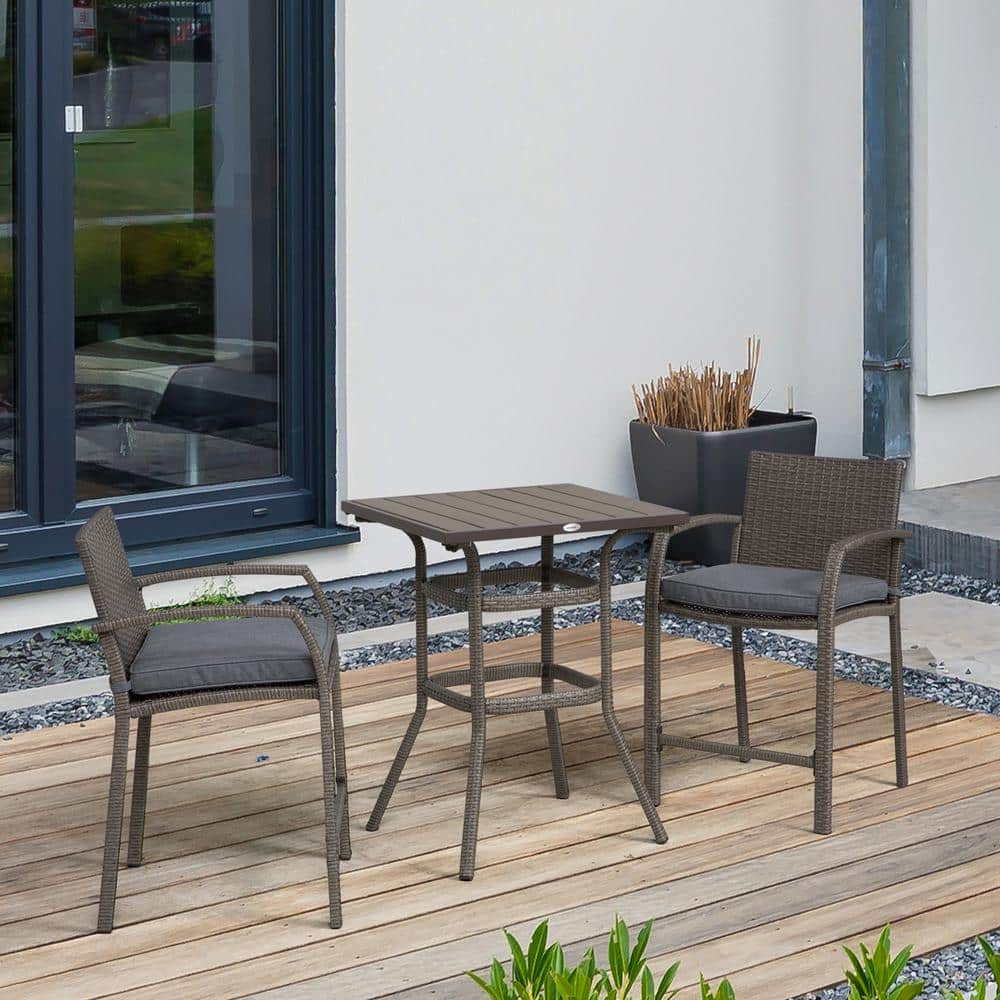 3-Pieces Wicker Patio Conversation Set with Gray Cushion, Bar Stools for Ou