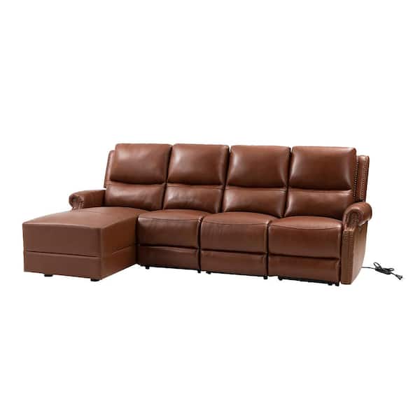 ARTFUL LIVING DESIGN Delos 4-Seater Leather Power L Shaped Reclining Sectional Sofa with Nailhead Trim in Brown
