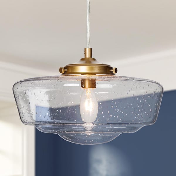 Uolfin Modern Farmhouse Pendant Light, Dule 9.5 in. 1-Light Antique Gold Transitional Pendant Light with Seeded Glass Shade