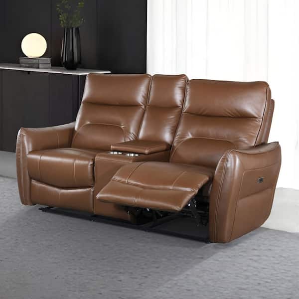 Furniture of America Amanda 62.5 in. Caramel Brown Leather 2-Seater Power Loveseat with Cupholders and Storage
