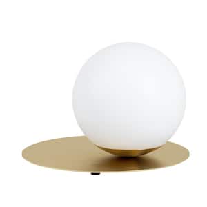 Arenales 10.83 in. W x 8 in. H 1-Light Brushed Brass Table Lamp with White Opal Glass Shade and On/Off Switch on Cord