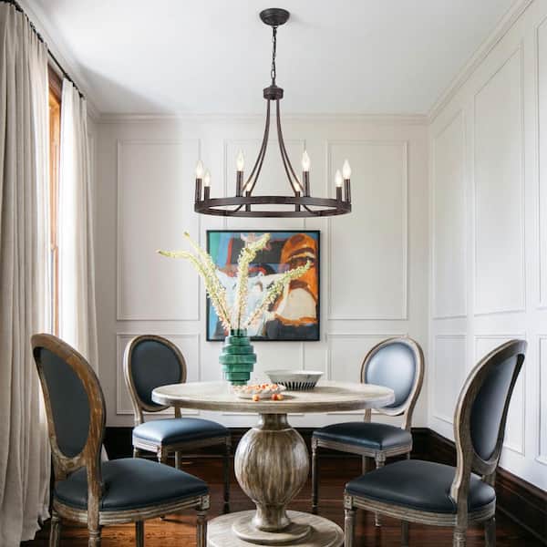 8-Light Vintage Brown Wagon Wheel Chandelier for Living Room Dinning Room with No Bulbs Included