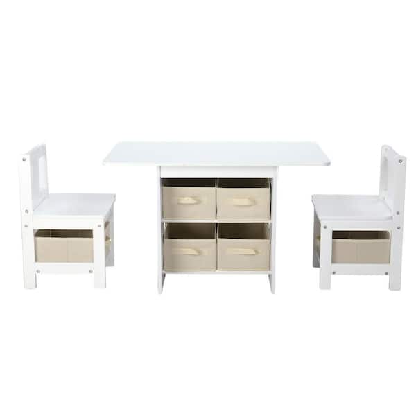 31.8"X18. 9" 3-Piece Wood Top White Kids Table & Chair Set With 6 Storage Bags