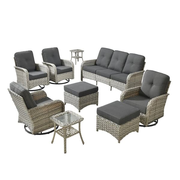 Beverly 9-Piece Wicker Patio Conversation Sofa Swivel Rocking Chairs Set with Ottomans and Black Cushions