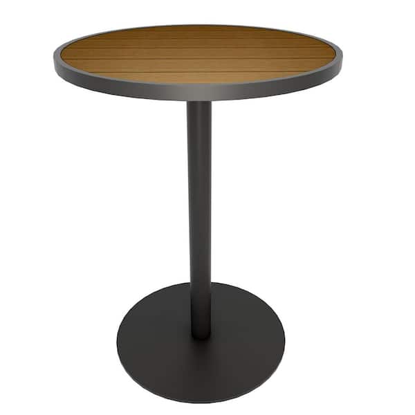Matte Black Aluminum Frame Round Composite 31.5 in. x 31.5 in. x 43.31 in. Outdoor High Bar Table in Peruvian Teak