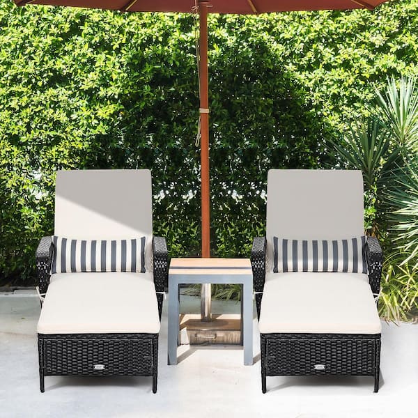 2-Piece Plastic Wicker Outdoor Chaise Lounge Recliner with Off-White Cushions Adjustable