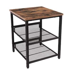 15.7 in. W x 15.7 in. D x 19.7 in. H Brown Industrial Wooden Metal End Table with 2-Mesh Shelves Side Table