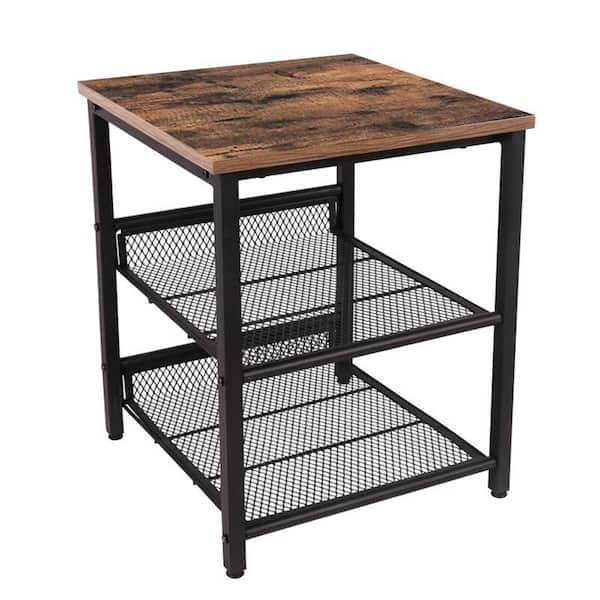 VEIKOUS 15.7 in. W x 15.7 in. D x 19.7 in. H Brown Industrial Wooden Metal End Table with 2-Mesh Shelves Side Table