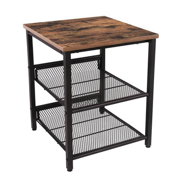 VEIKOUS 15.7 in.W x 15.7 in. D x 19.7 in. H Industrial Wooden Metal End Table With 2 Mesh Shelves Brown Side Table
